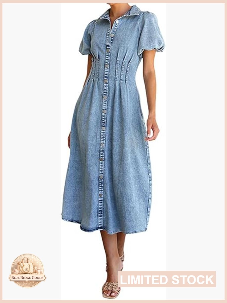 Denim Shirt Dress Puff Sleeve Slim Fit Midi Casual Chic Y2k Style